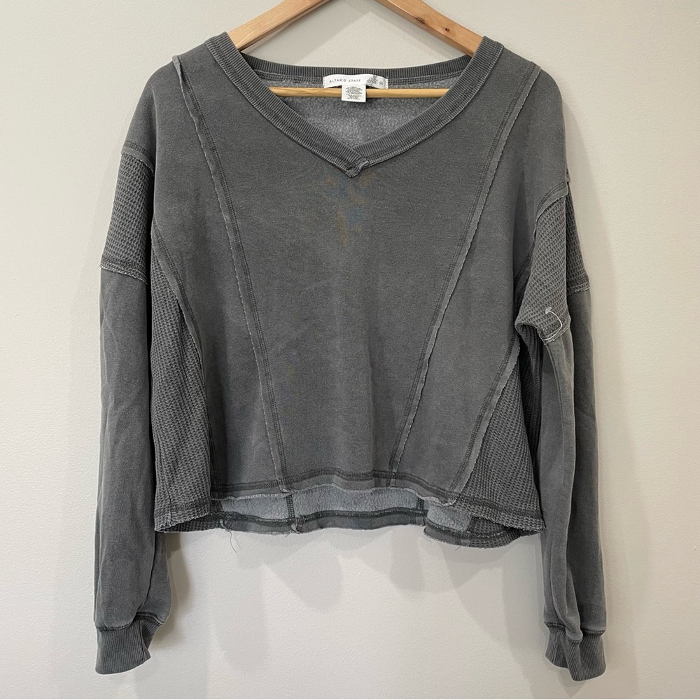 Altar’d State Washed Grey Patchwork Exposed Seam Waffle Knit Crop Sweatshirt XS